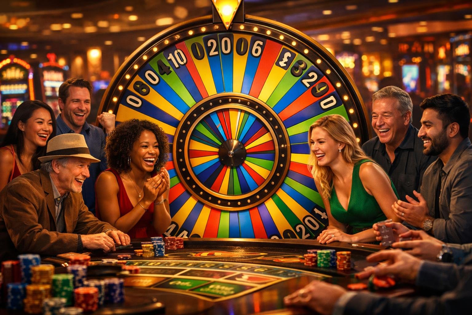 A Lively Casino Scene With People Gathered Around A Large Colorful Spinning Game Wheel, Watching And Placing Bets.