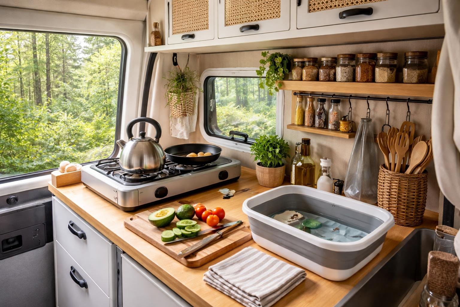 A compact van kitchen with a portable stove, cutting board with vegetables, kettle, utensils, and storage inside a cozy van interior.
