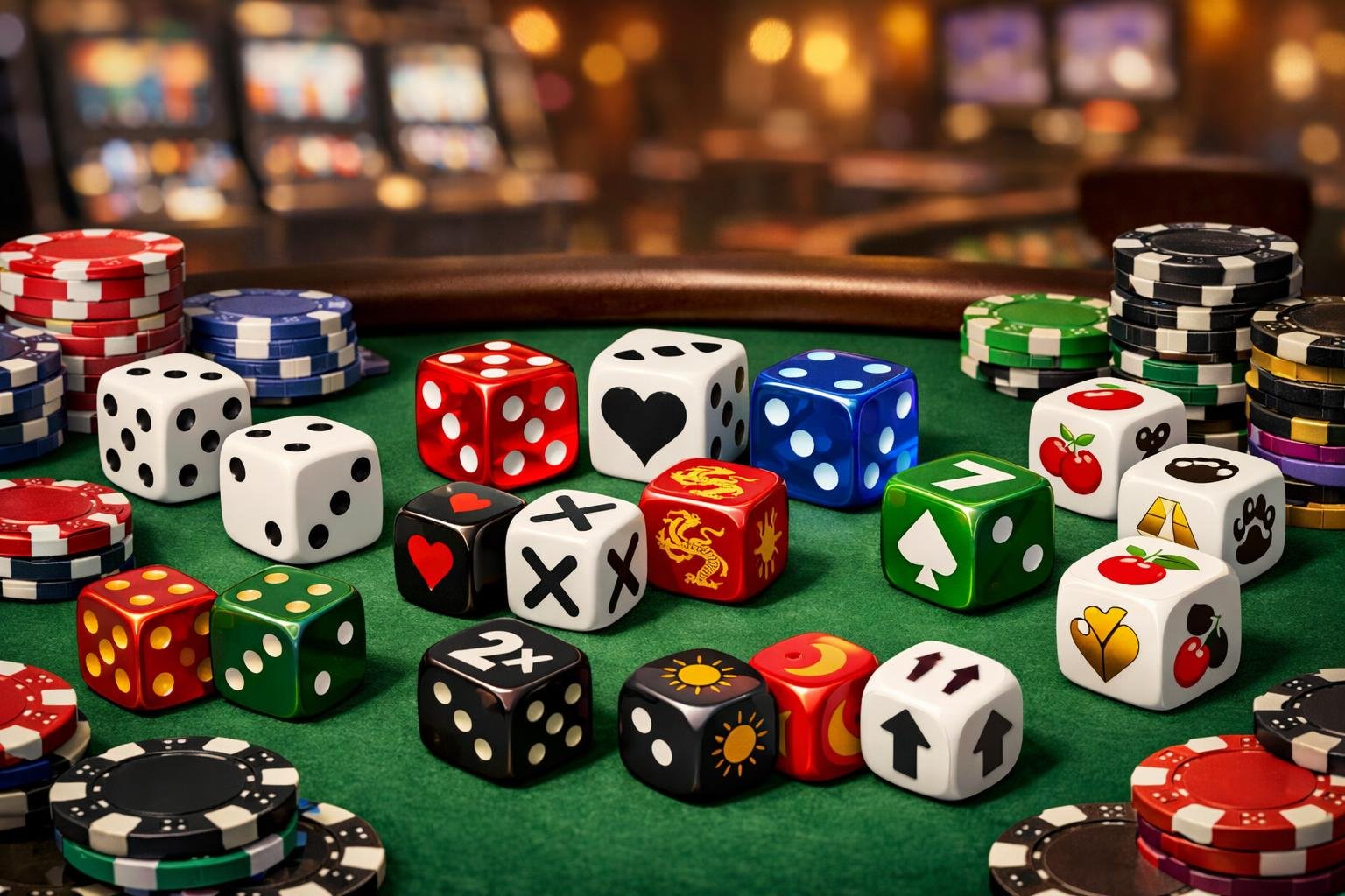 A Casino Table Displaying Different Types Of Dice And Colorful Chips With A Blurred Casino Background.