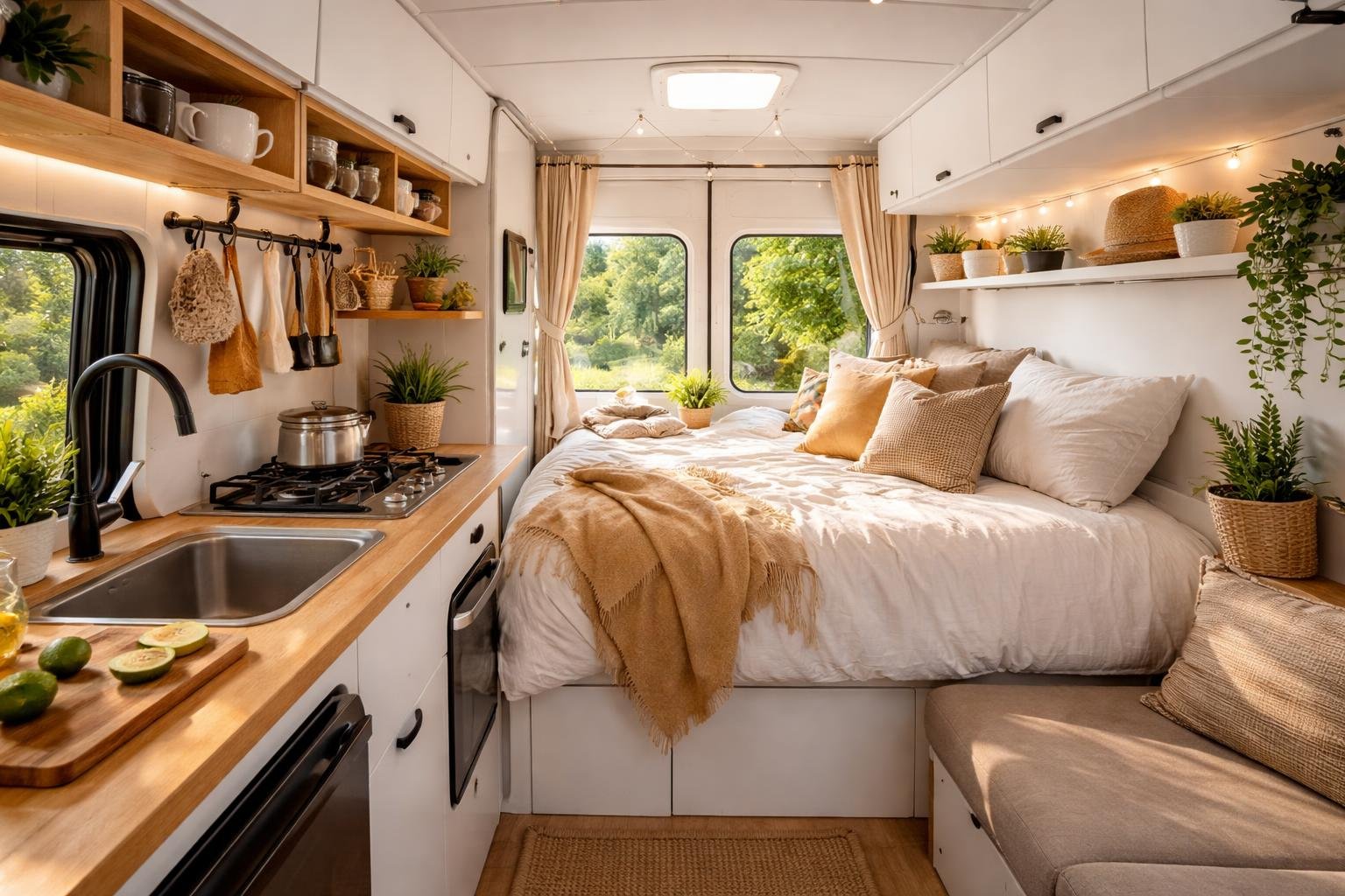 Interior of a camper van showing a made bed, kitchenette, storage shelves, and plants with natural light coming through the windows.