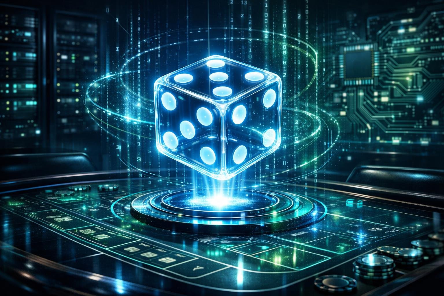 A Digital Dice Floating Above A HighTech Gaming Table With Glowing Data Streams And Computer Chips In The Background.