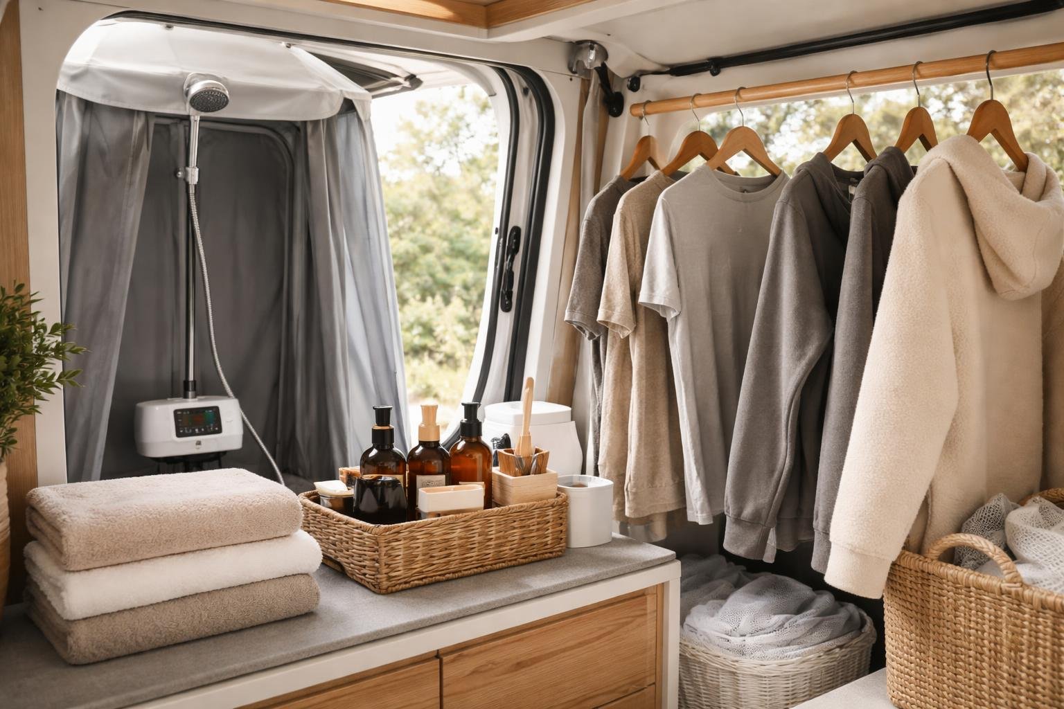 Interior of a van showing organized bathroom and clothing essentials including towels, toiletry containers, a portable shower, and casual clothes on a rack.