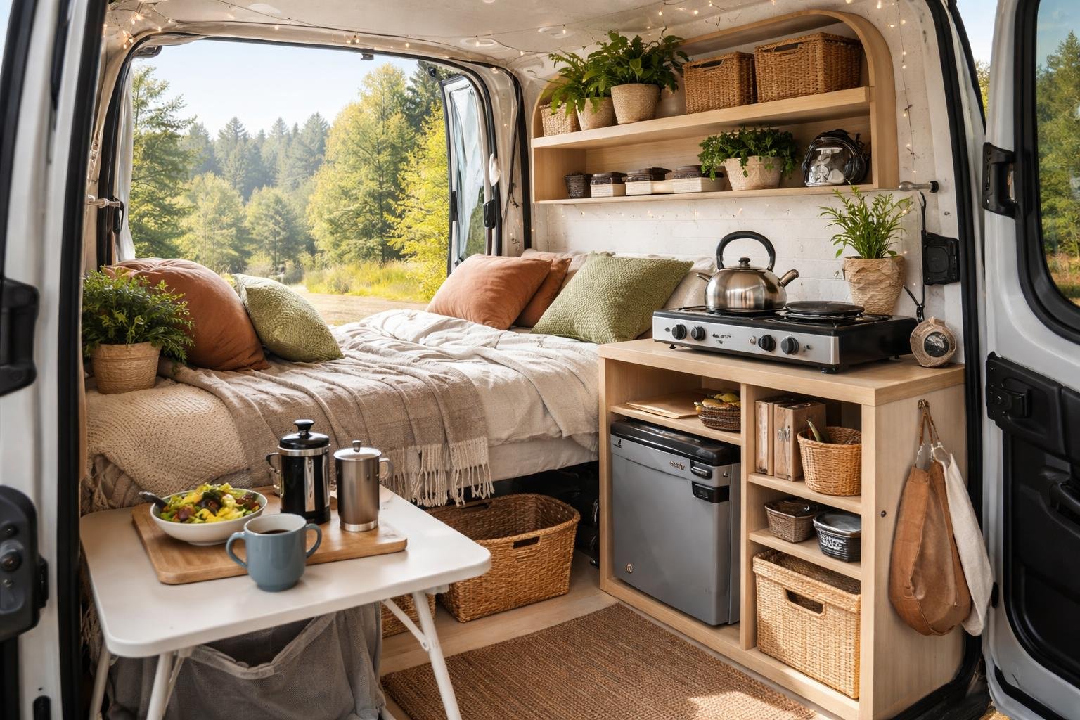 Interior of a van organized with essential items for living on the road, including a stove, water bottles, storage containers, a sleeping area, and plants, with an outdoor nature scene visible through the open doors.