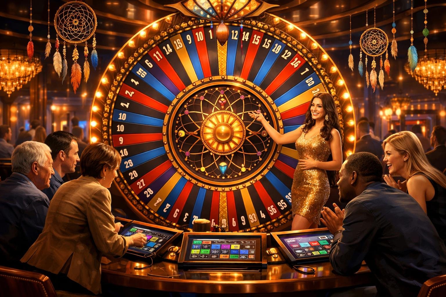 A Casino Scene Showing A Large Colorful Spinning Wheel With Players Gathered Around, Placing Bets And Watching The Game In A Lively Gaming Room.