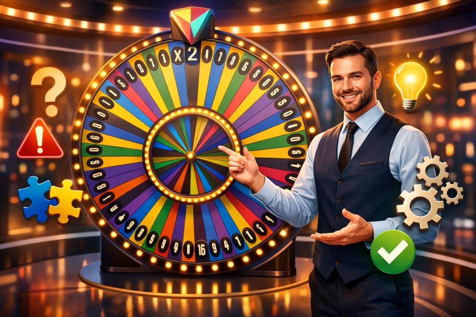 A Casino Scene Showing A Colorful Spinning Wheel With A Guide Character Pointing At It, Surrounded By Icons Representing Common Problems And Solutions.
