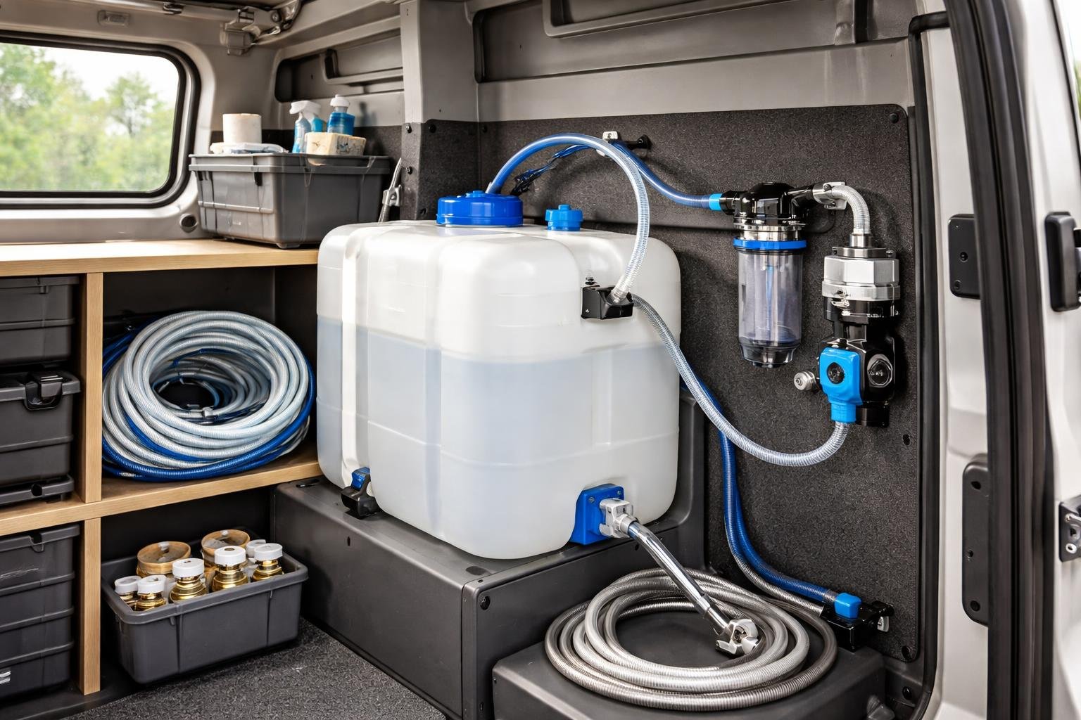 Interior of a van showing a compact water system setup with a water tank, pump, hoses, and storage compartments.