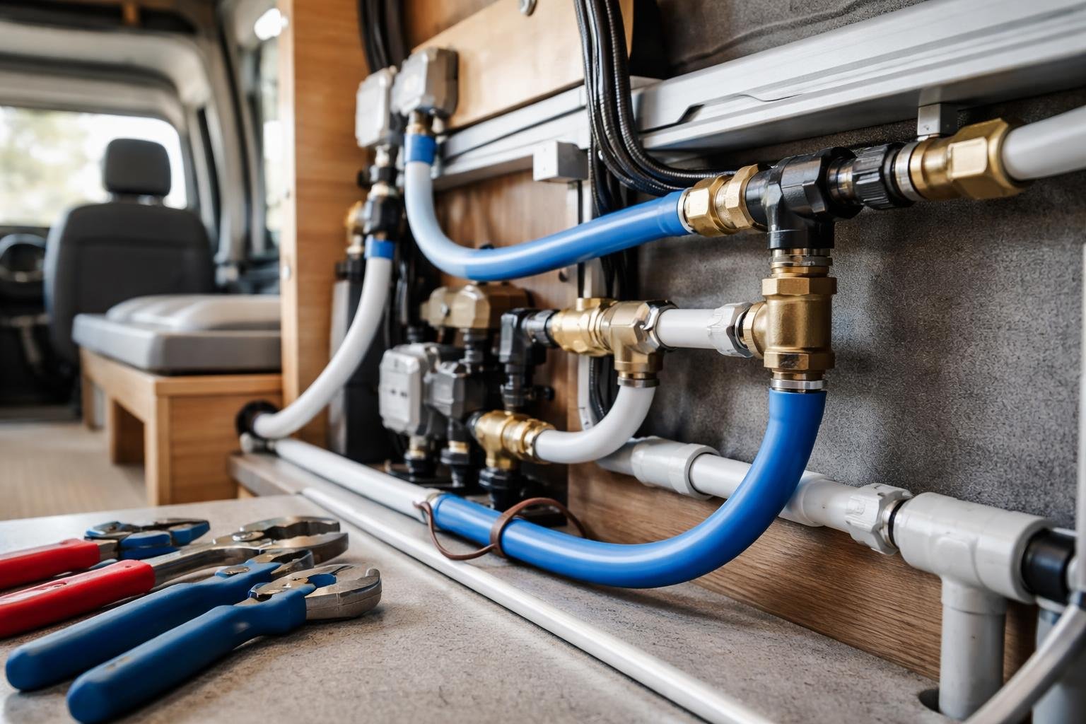 Close-up view of a van's water plumbing system showing tubing and fittings connected inside the vehicle.