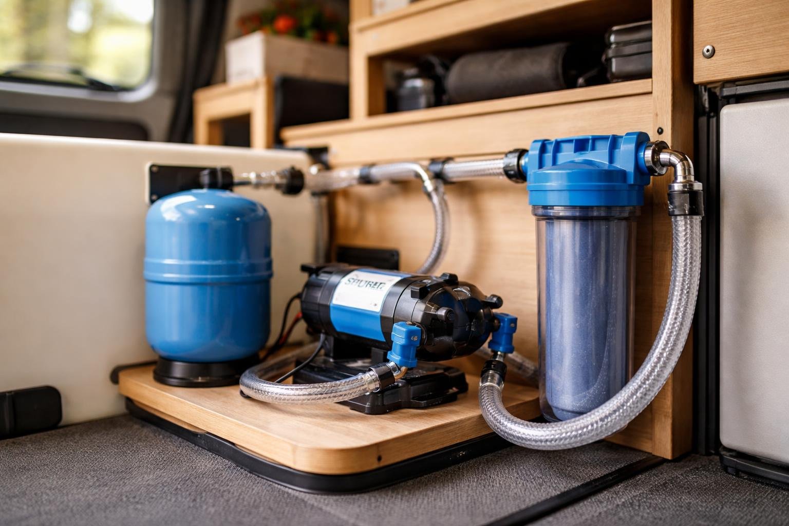 A compact water pump and pressure devices installed inside a camper van with visible tubing and wood-paneled interior.