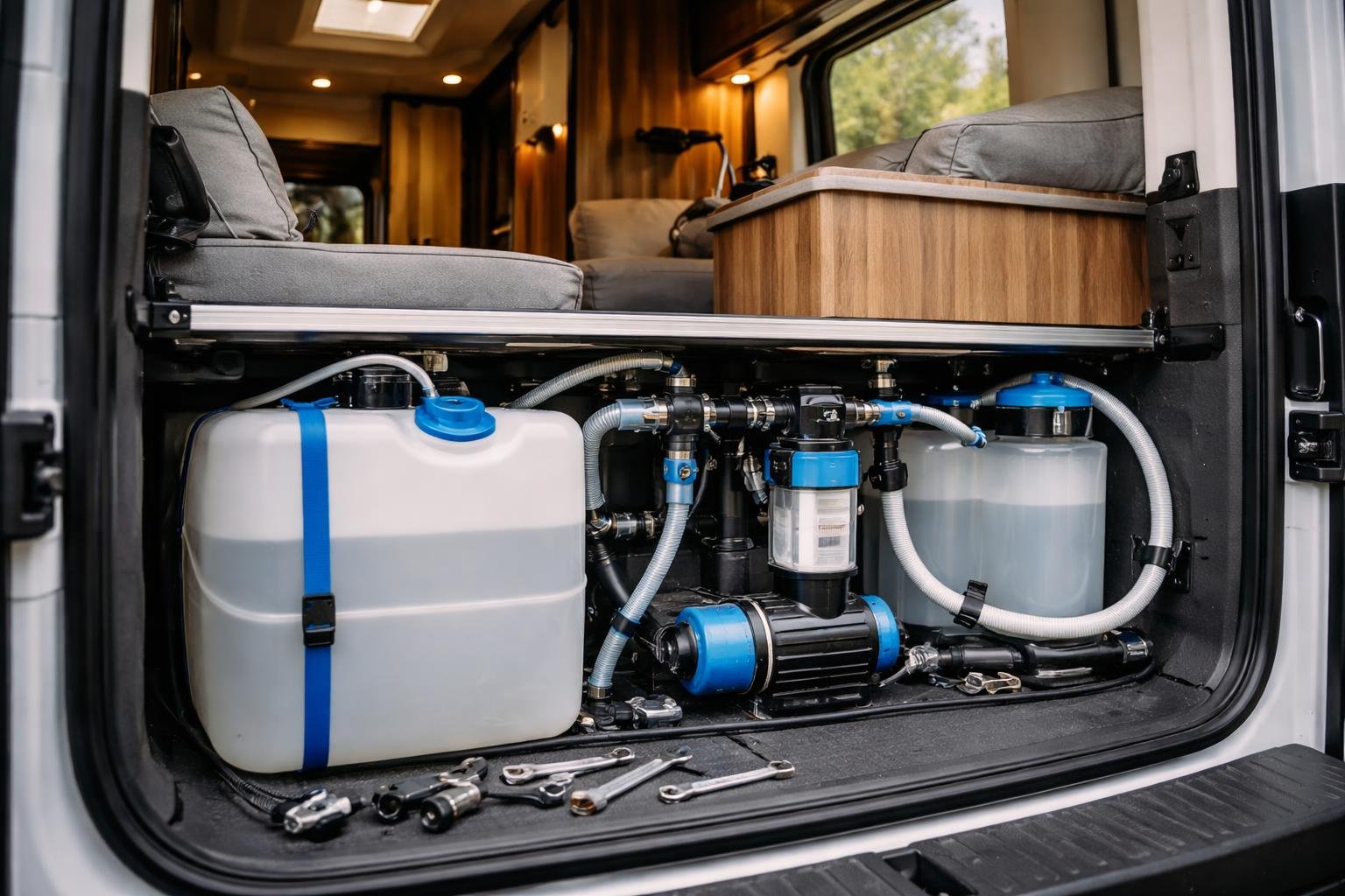Interior of a van showing a water system setup with tanks, pipes, and a pump arranged neatly inside.