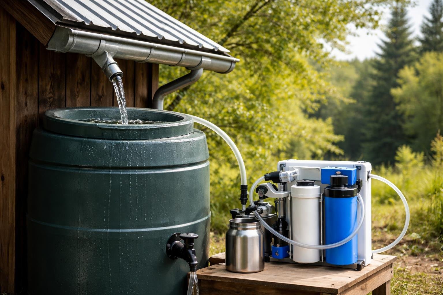 Rainwater collection barrel under a roof gutter with a mesh filter and a portable water filtration device in a green outdoor setting.