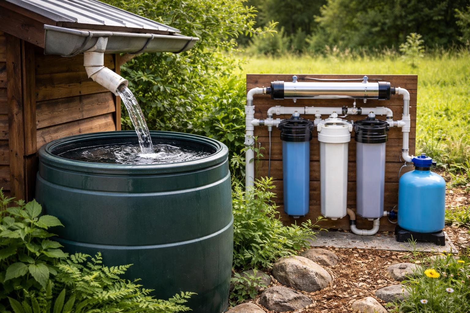 Outdoor rainwater collection barrel connected to roof gutters with a multi-stage water filtration system nearby in a natural setting.