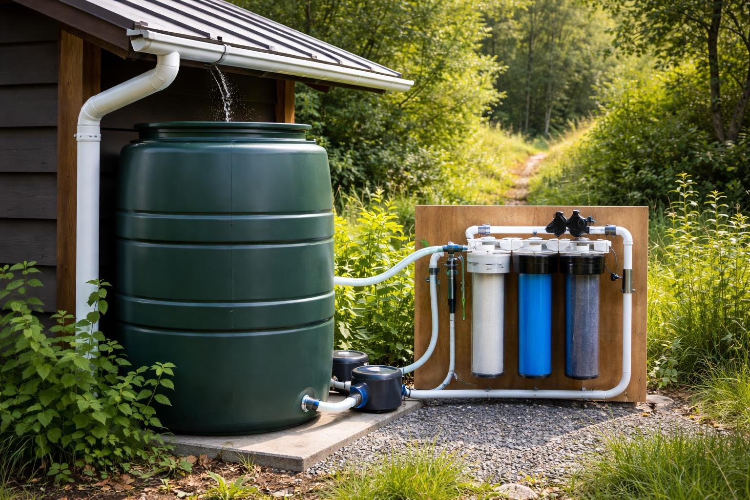 Rainwater collection barrel with connected water filtration system outdoors surrounded by plants.