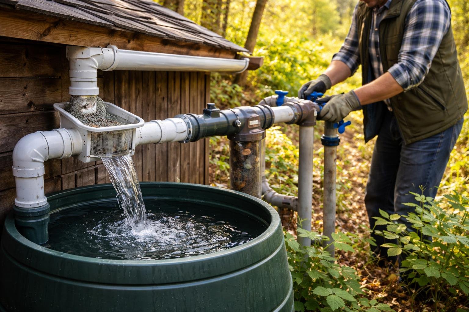 A person maintaining an off-grid rainwater collection and filtration system attached to a cabin roof surrounded by green plants.
