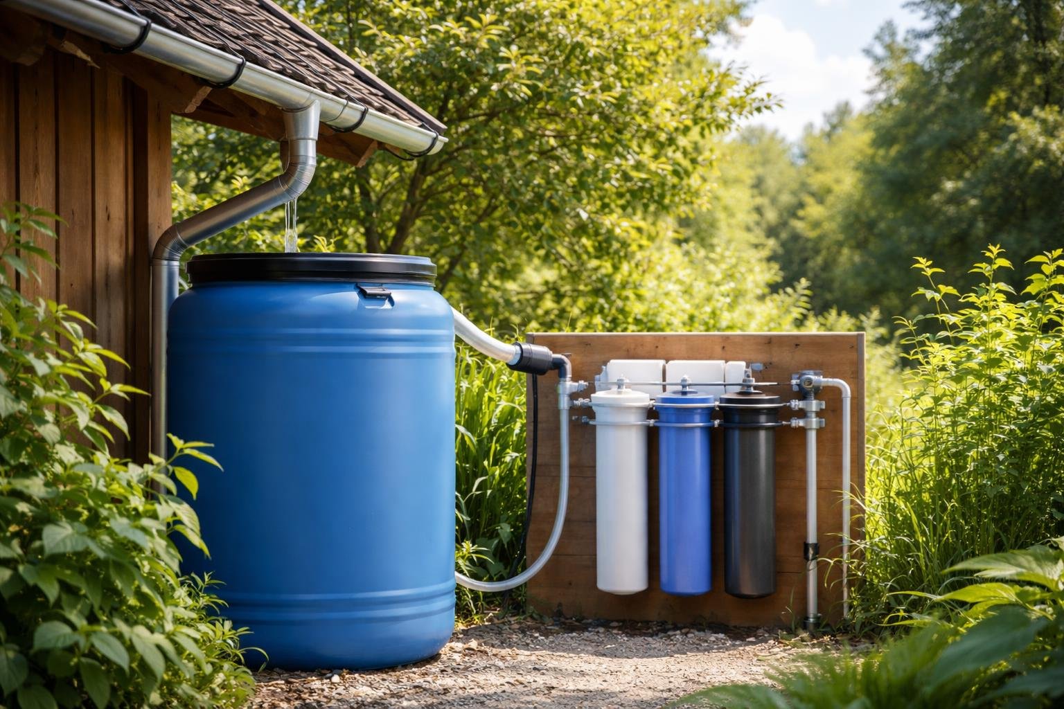 Rainwater collection barrel and filtration system set up outdoors surrounded by green plants and trees.