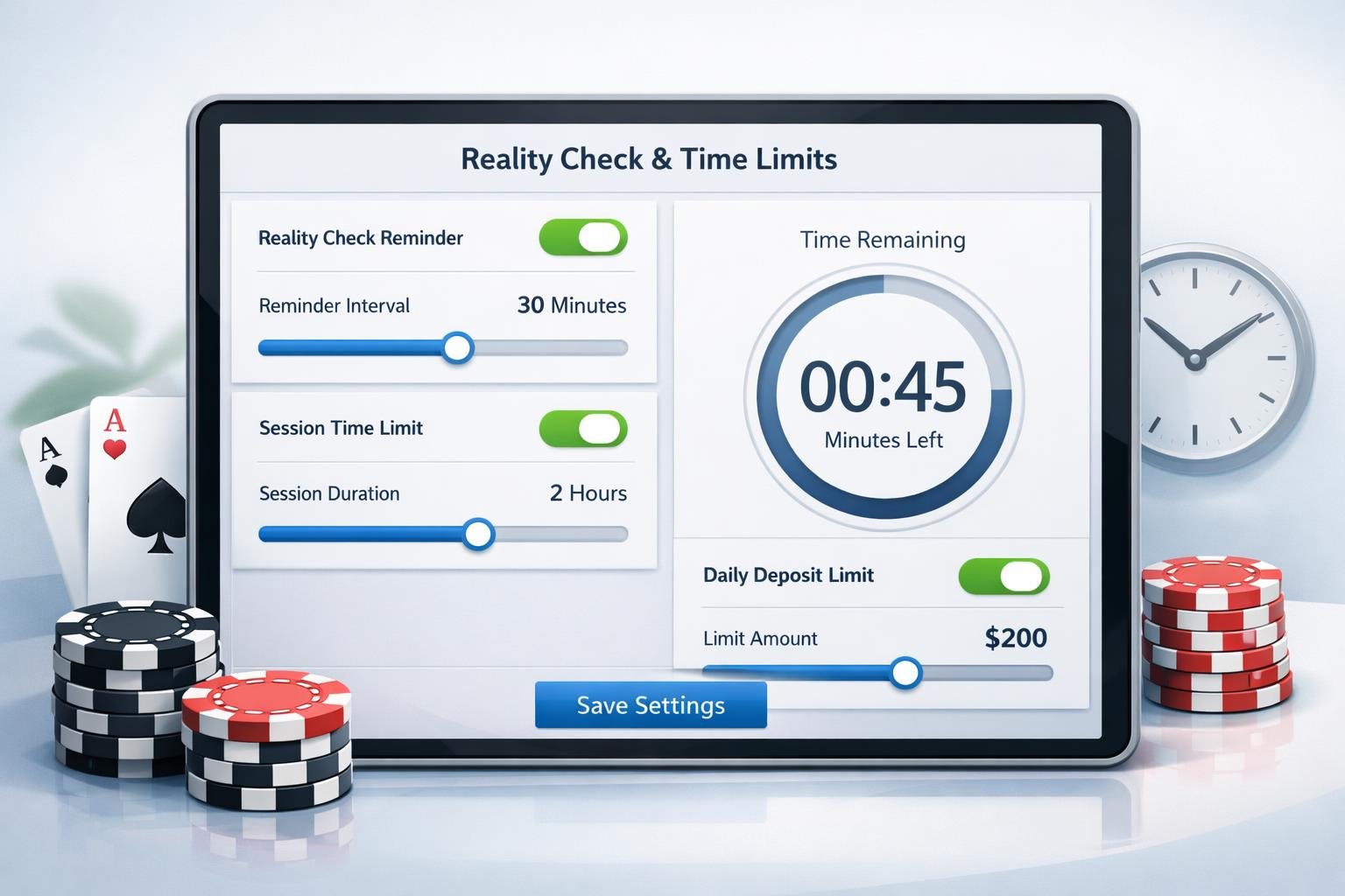 A Digital Device Screen Showing A Dashboard For Customizing Casino Reality Checks And Time Limits, Surrounded By Poker Chips, Playing Cards, And A Clock.