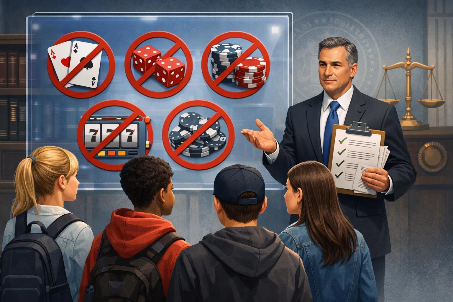 A Group Of Teenagers Listening To A Regulatory Officer Explaining The Prevention Of Underage Gambling With Gambling Symbols Crossed Out On A Digital Screen Behind Them.