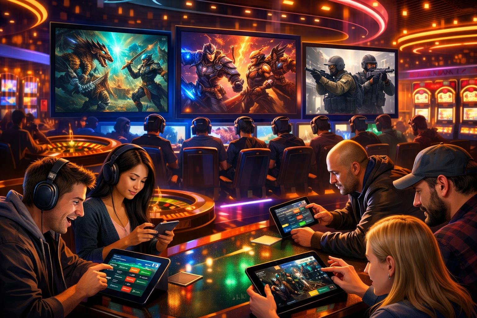 People Betting On Esports Games In A Casino With Digital Screens Showing Video Game Characters And Betting Activities.