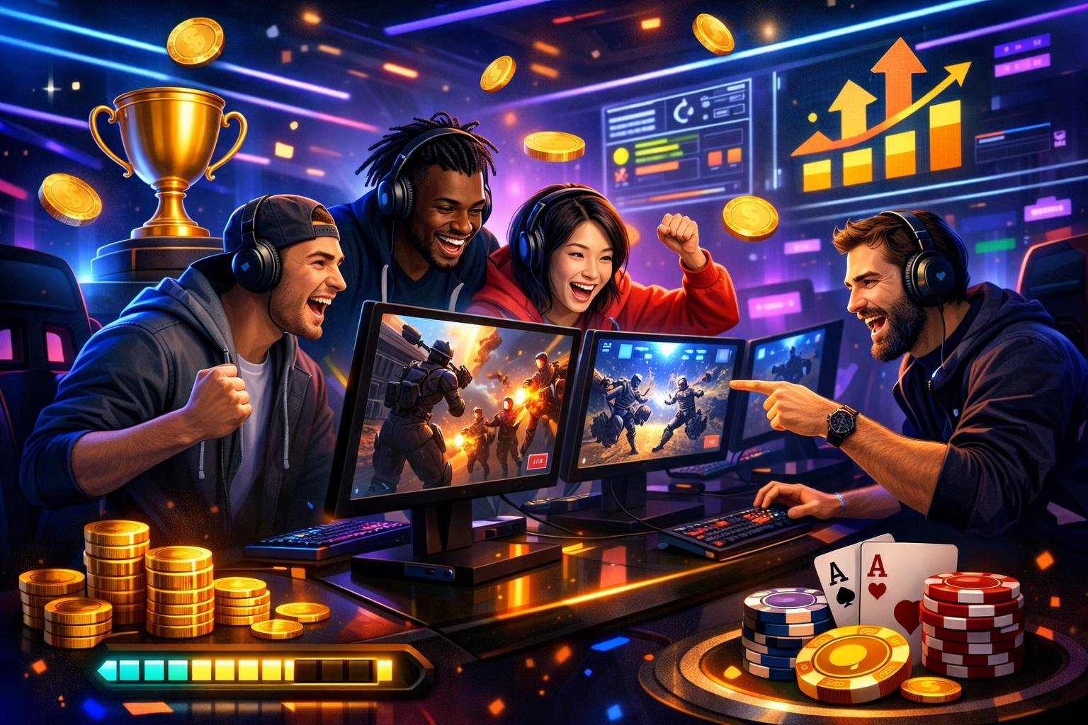 A Group Of Diverse Gamers Playing At HighTech Gaming Stations With Screens Showing Esports Action, Surrounded By Casino Elements Like Chips And Trophies, Expressing Excitement And Focus.