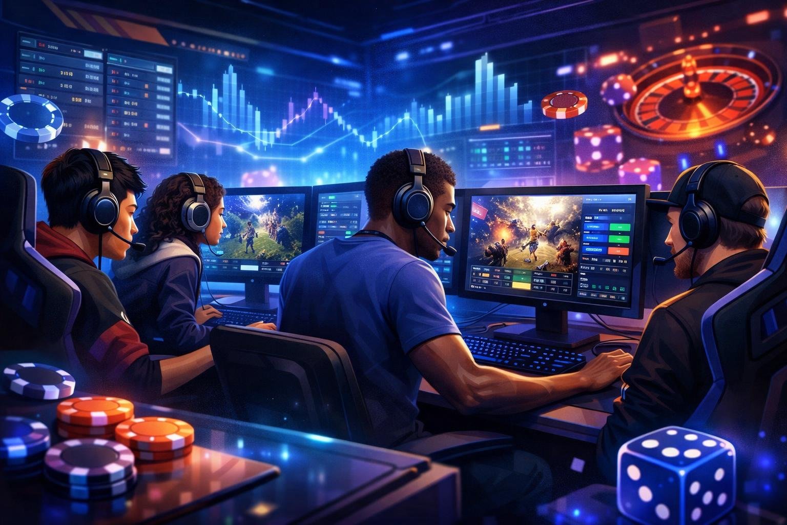 A Group Of People Playing Esports Games At Gaming Stations With Screens Showing Matches And Betting Elements In A Modern Gaming Lounge.