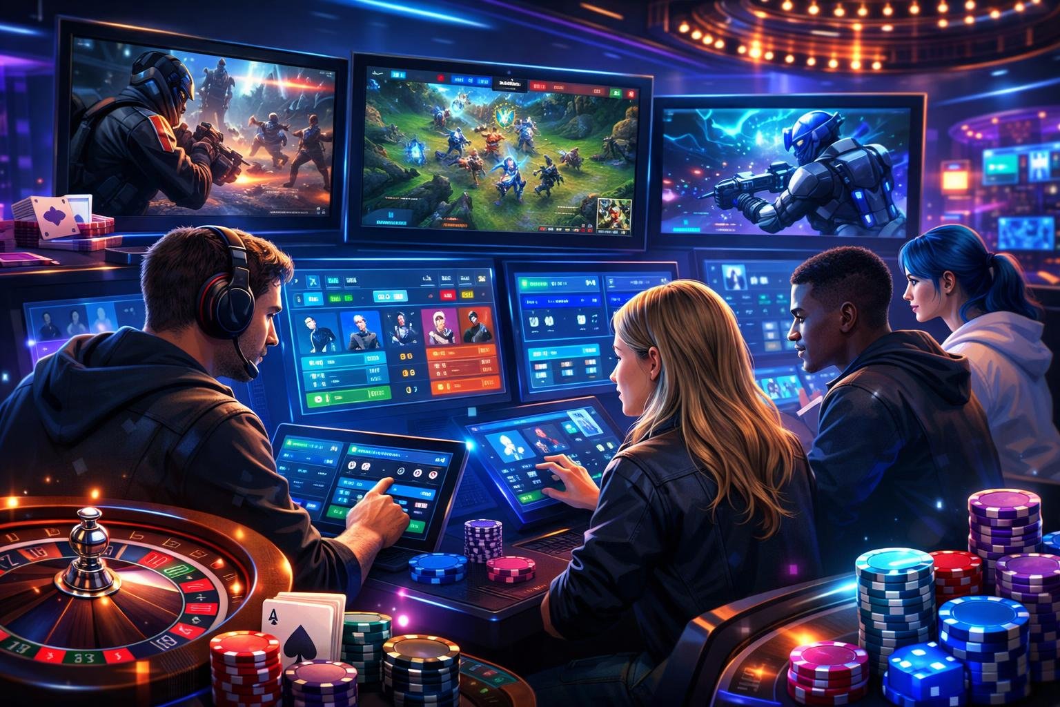A Group Of People Engaging With Multiple Screens Showing Esports Games And Betting Information In A Modern Gaming Environment.