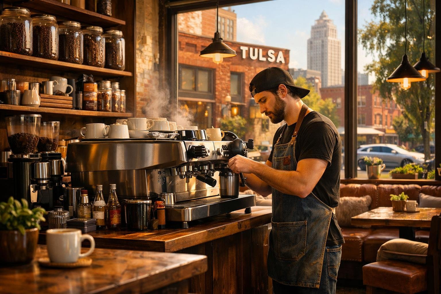 A barista making coffee in a cozy coffee shop with jars of coffee beans on shelves and a view of city buildings through the window.