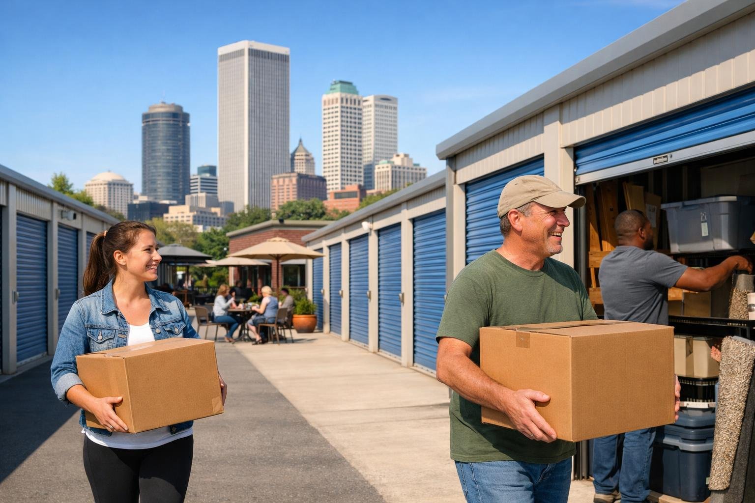 People organizing boxes near storage units with Tulsa city skyline and coffee shops in the background on a sunny day.