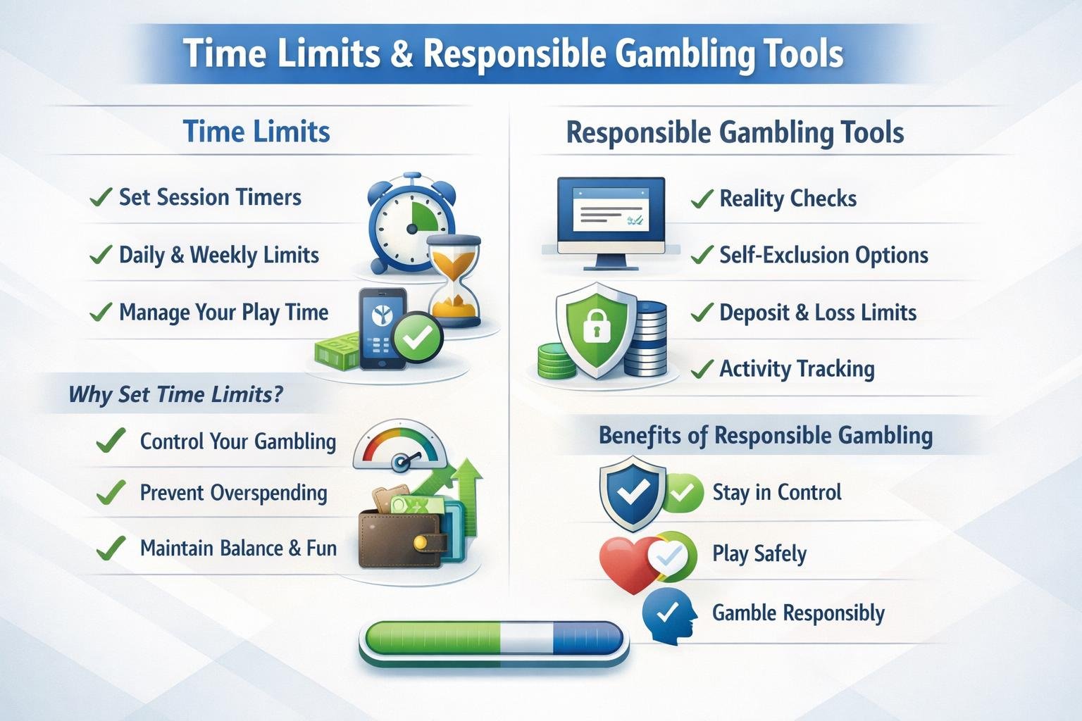 People In A Casino Setting Calmly Playing Games With A Visible Clock And Icons Representing Time Limits And Responsible Gambling Tools.
