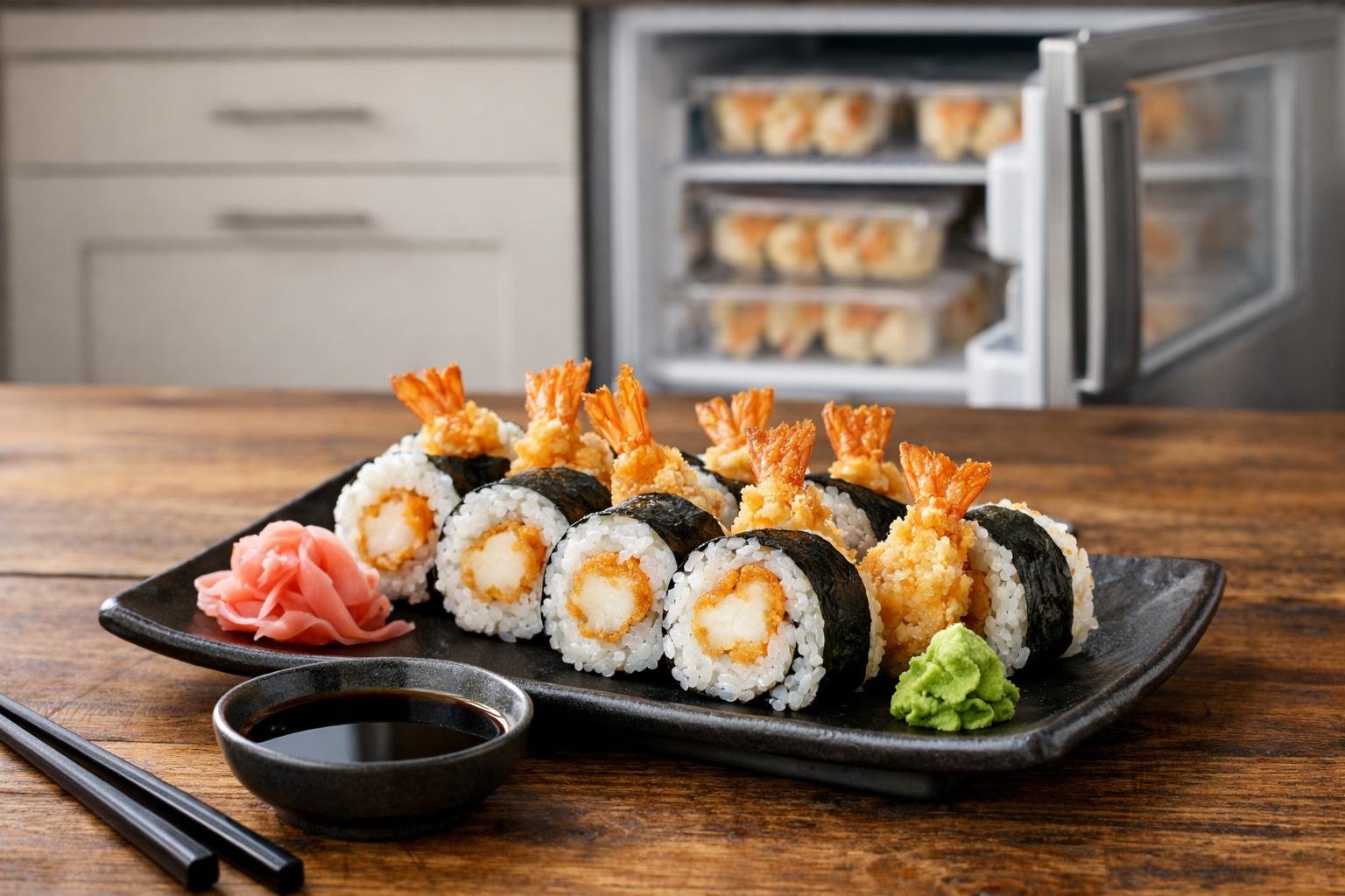 A plate of shrimp tempura sushi with soy sauce, pickled ginger, and wasabi on a wooden table, with a freezer in the background containing packaged frozen sushi.