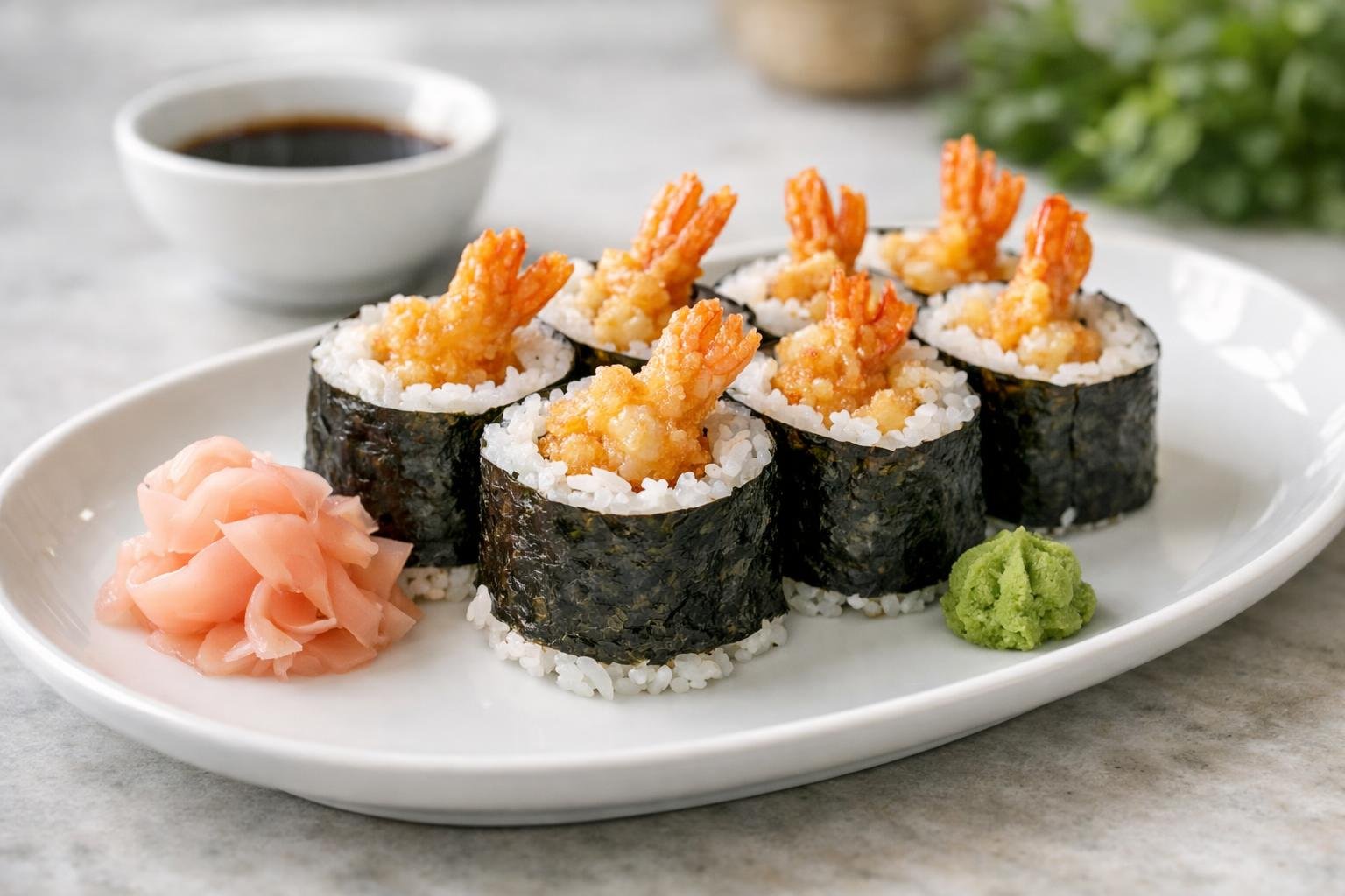 A plate of shrimp tempura sushi with pickled ginger and wasabi on a kitchen countertop.