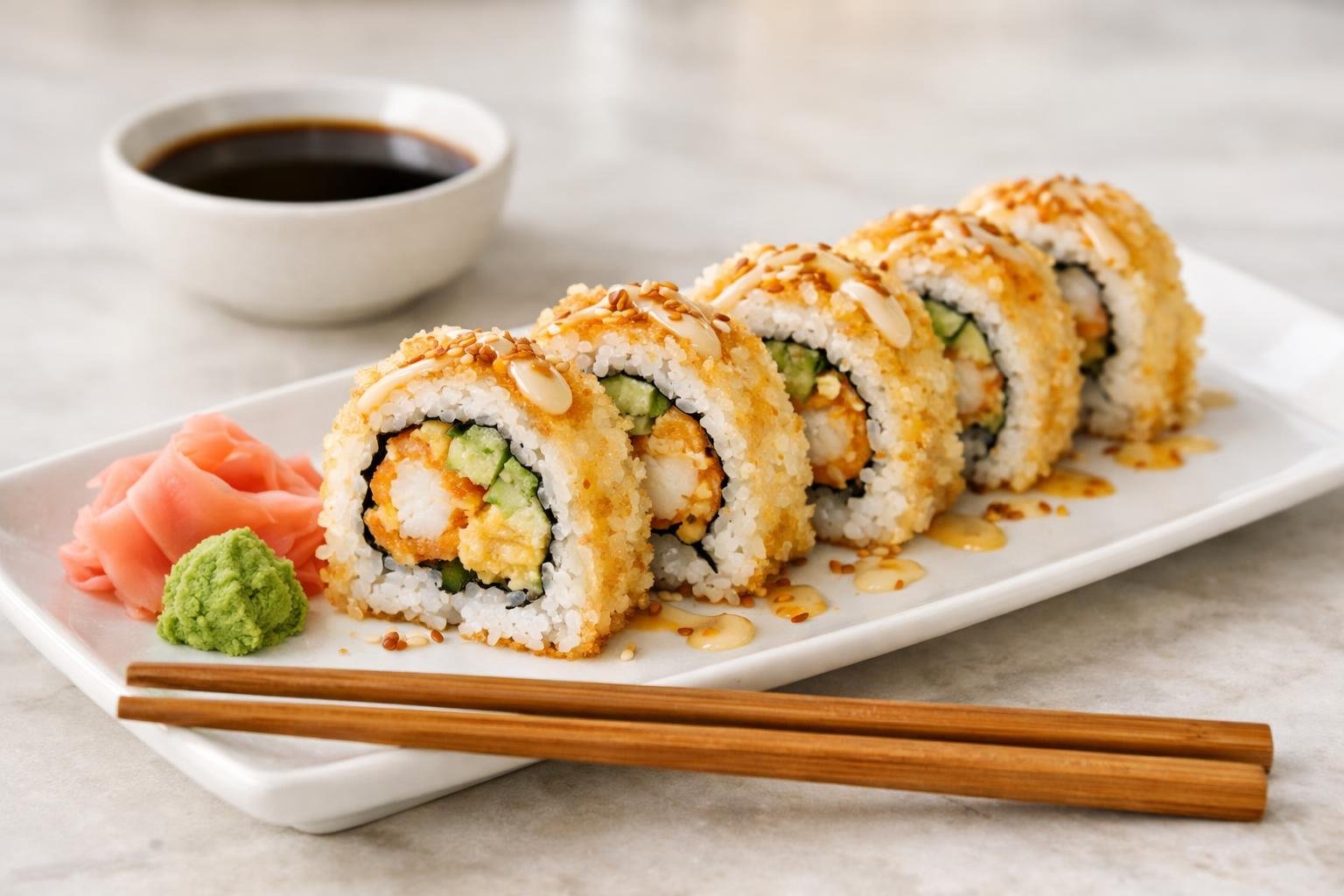 A plate of shrimp tempura sushi with chopsticks, soy sauce, pickled ginger, and wasabi on a kitchen countertop.