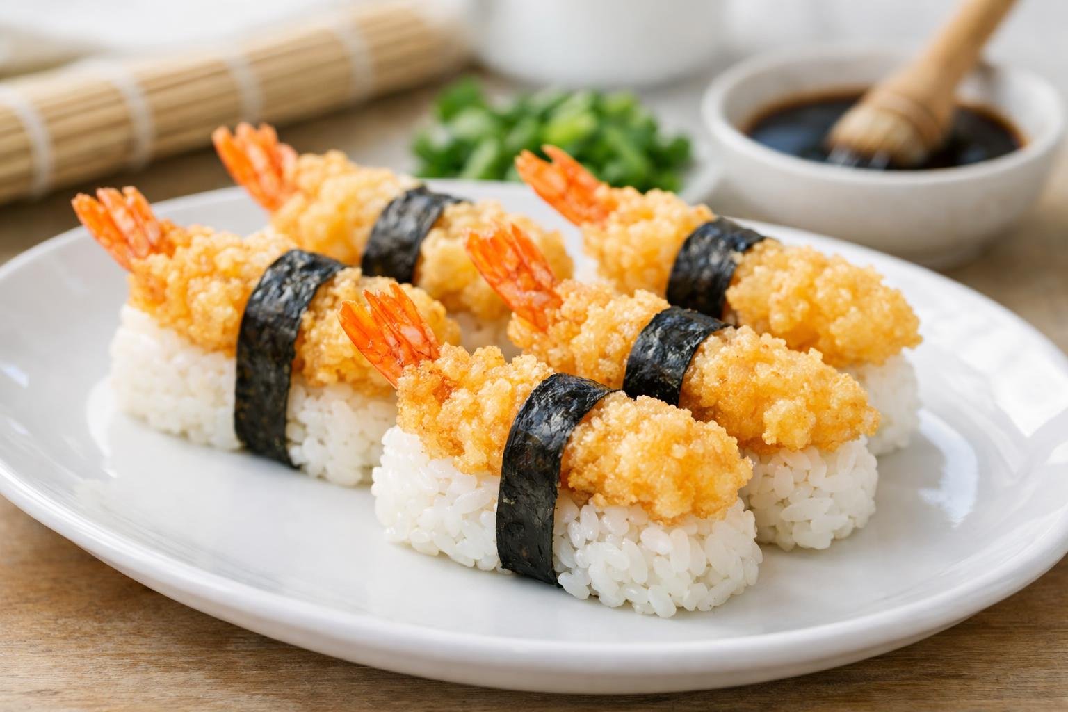 Close-up of several pieces of shrimp tempura sushi on a white plate with a kitchen background.