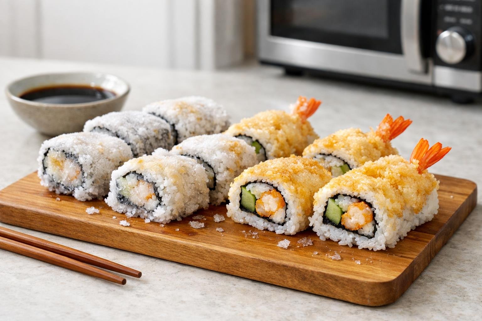 Pieces of shrimp tempura sushi on a wooden board in a kitchen, some thawing and ready to be reheated.