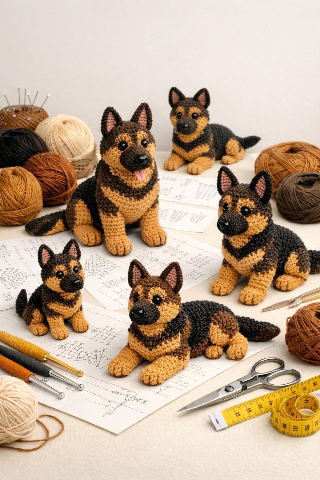 A collection of crocheted German Shepherd figures displayed with crochet tools and yarn on a workspace.