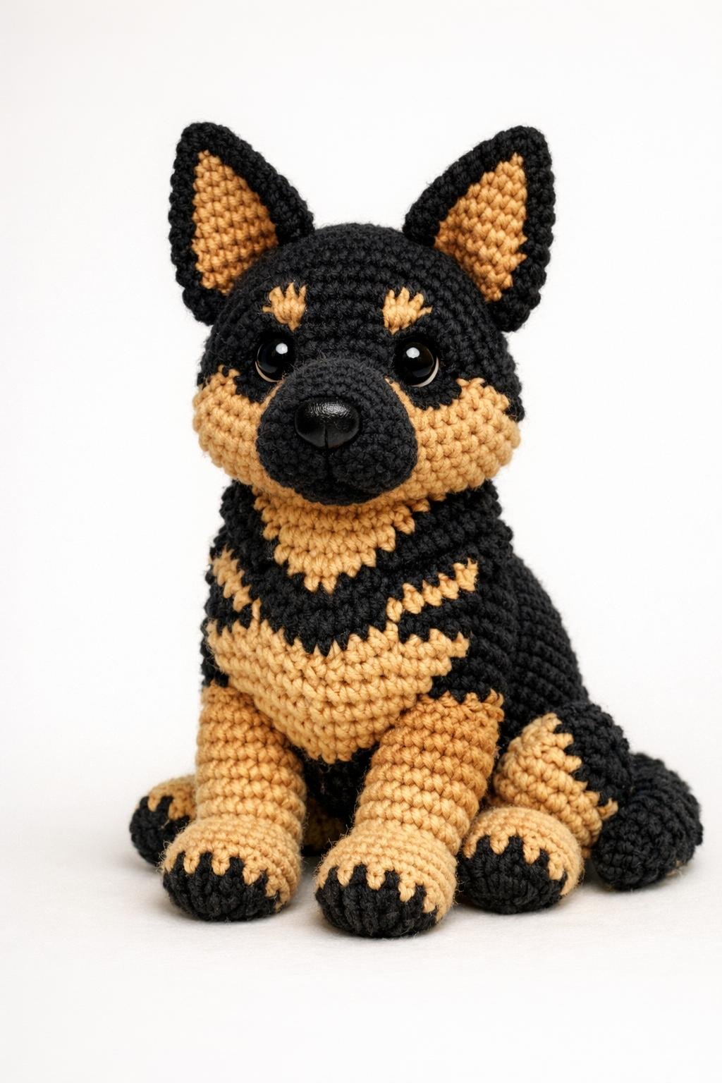 A crocheted German Shepherd dog with a black and tan coat sitting upright.