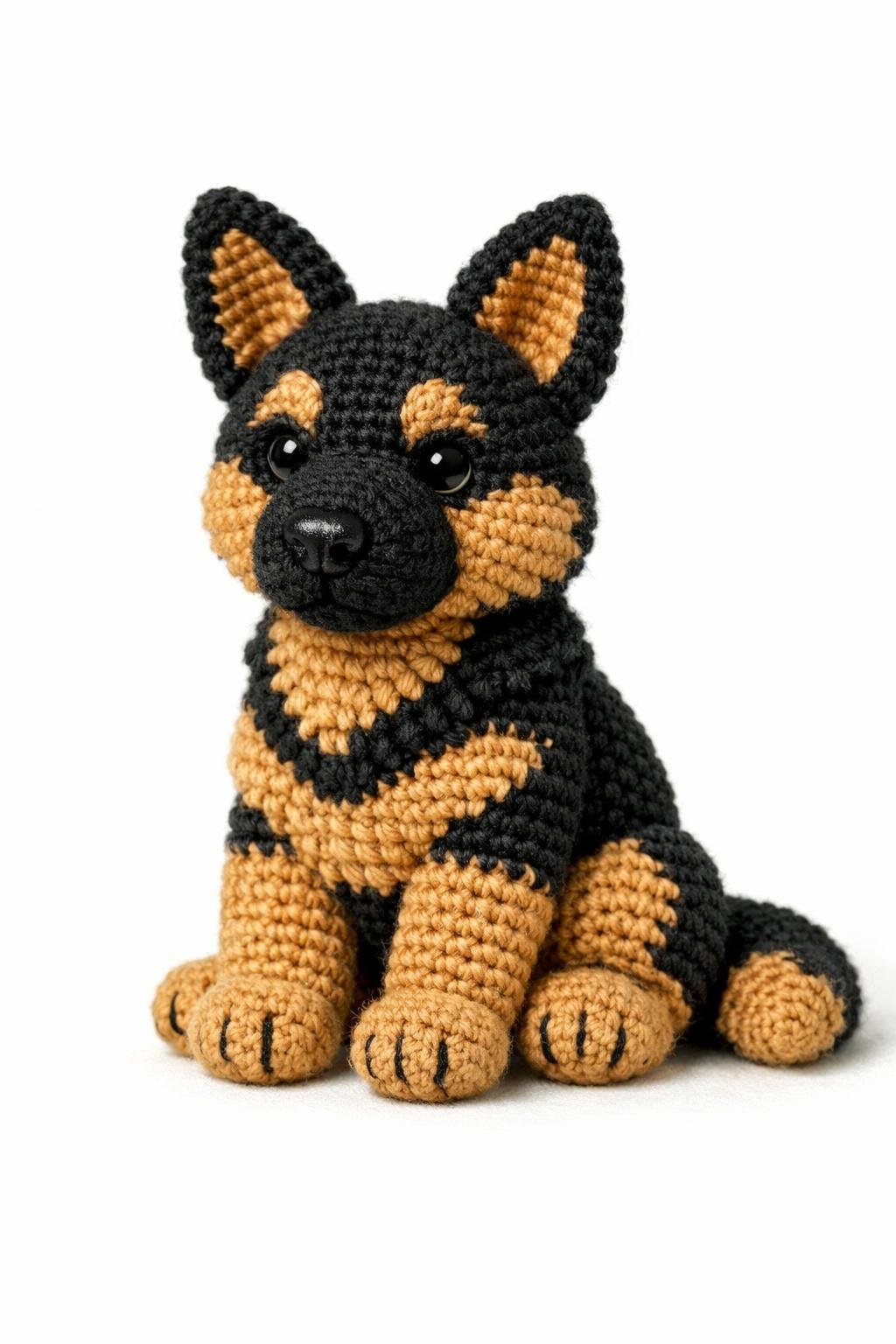 A crocheted German Shepherd dog sitting attentively with detailed yarn texture and realistic colors.