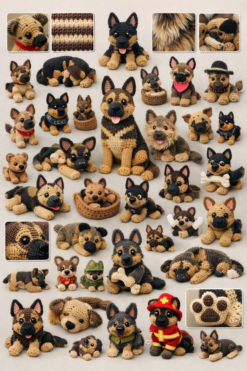 A collection of crocheted German Shepherd figures in various poses and styles arranged together.