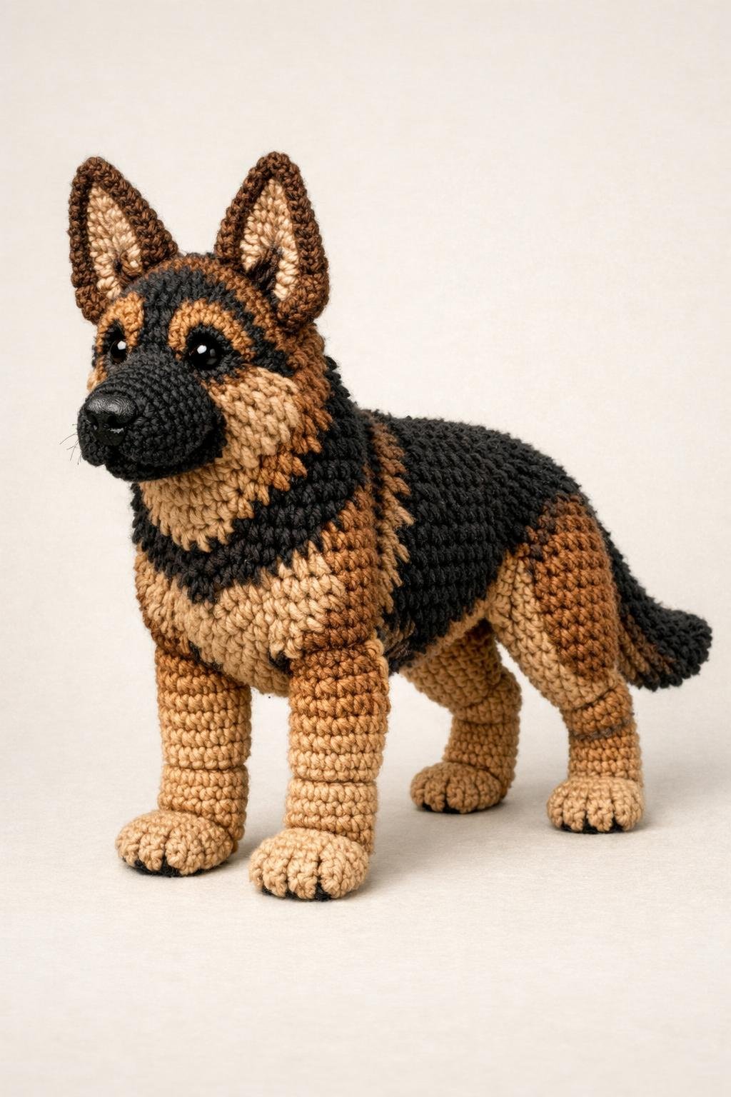 A crocheted German Shepherd dog standing, with detailed ears and limbs visible.