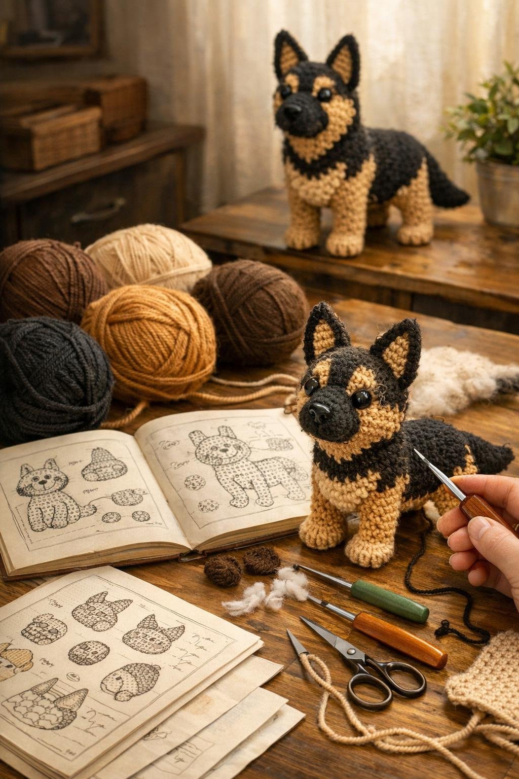 A crafting workspace with yarn, crochet hooks, a partially completed crochet German Shepherd, pattern books, and a finished crochet German Shepherd on a shelf.