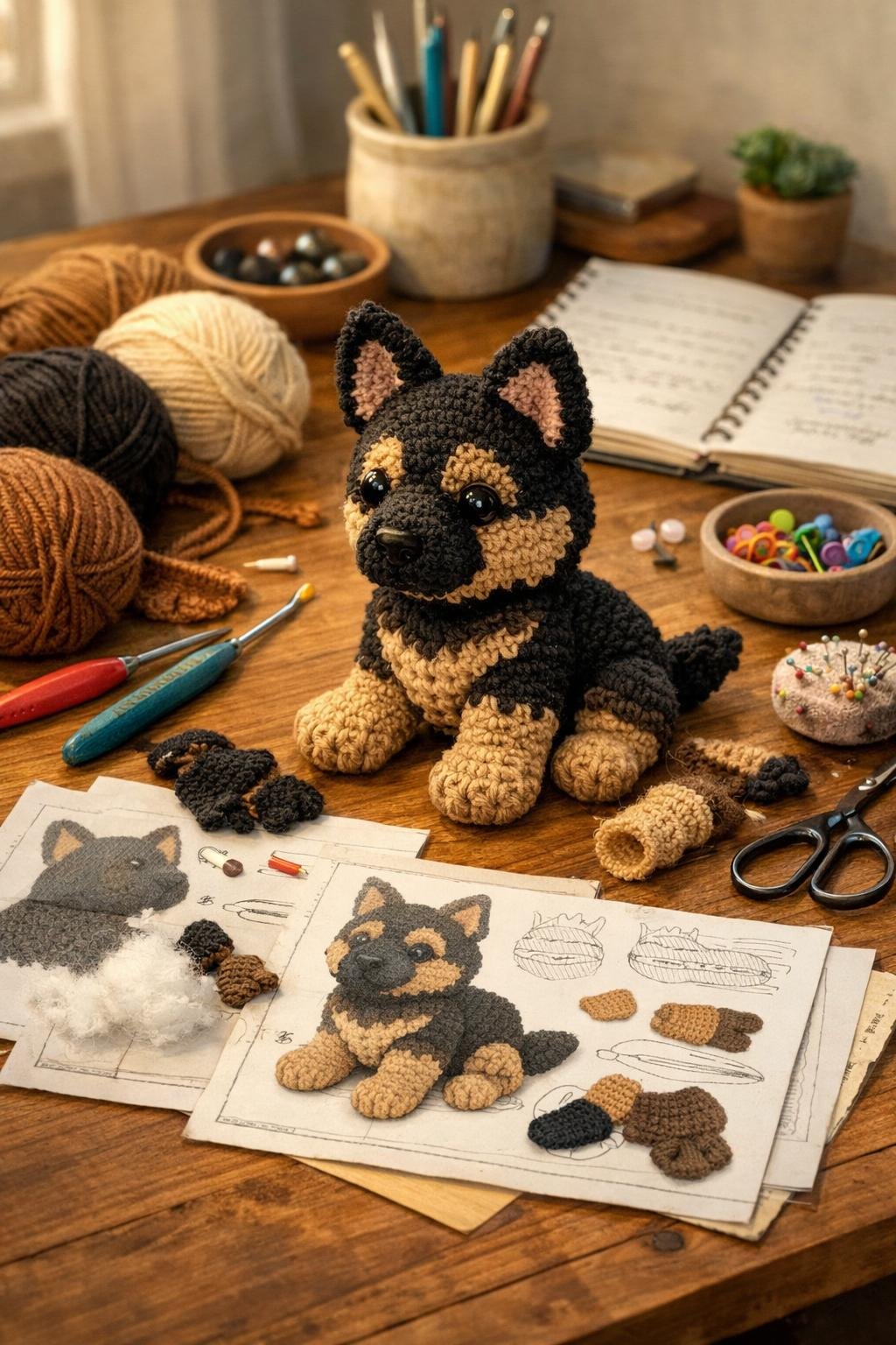 A crafting workspace with a partially completed crochet German Shepherd surrounded by yarn, crochet hooks, and tools on a wooden table.