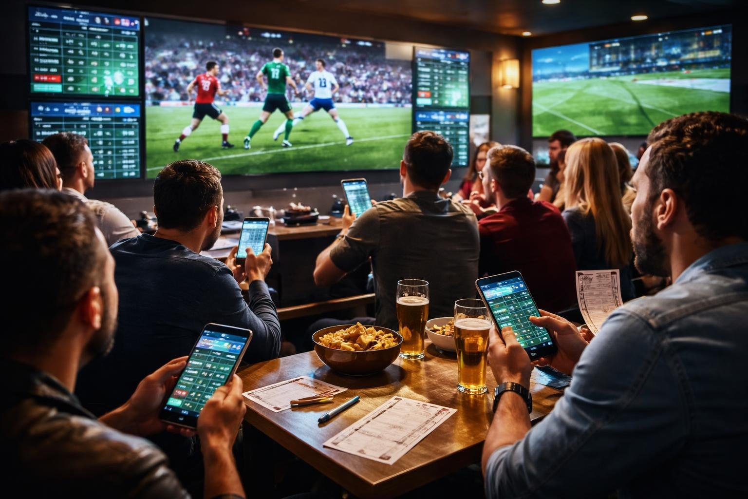 Sekelompok orang sedang menonton pertandingan sepak bola secara langsung di ruang taruhan dengan layar besar dan perangkat elektronik, fokus pada momen penting dalam pertandingan.
