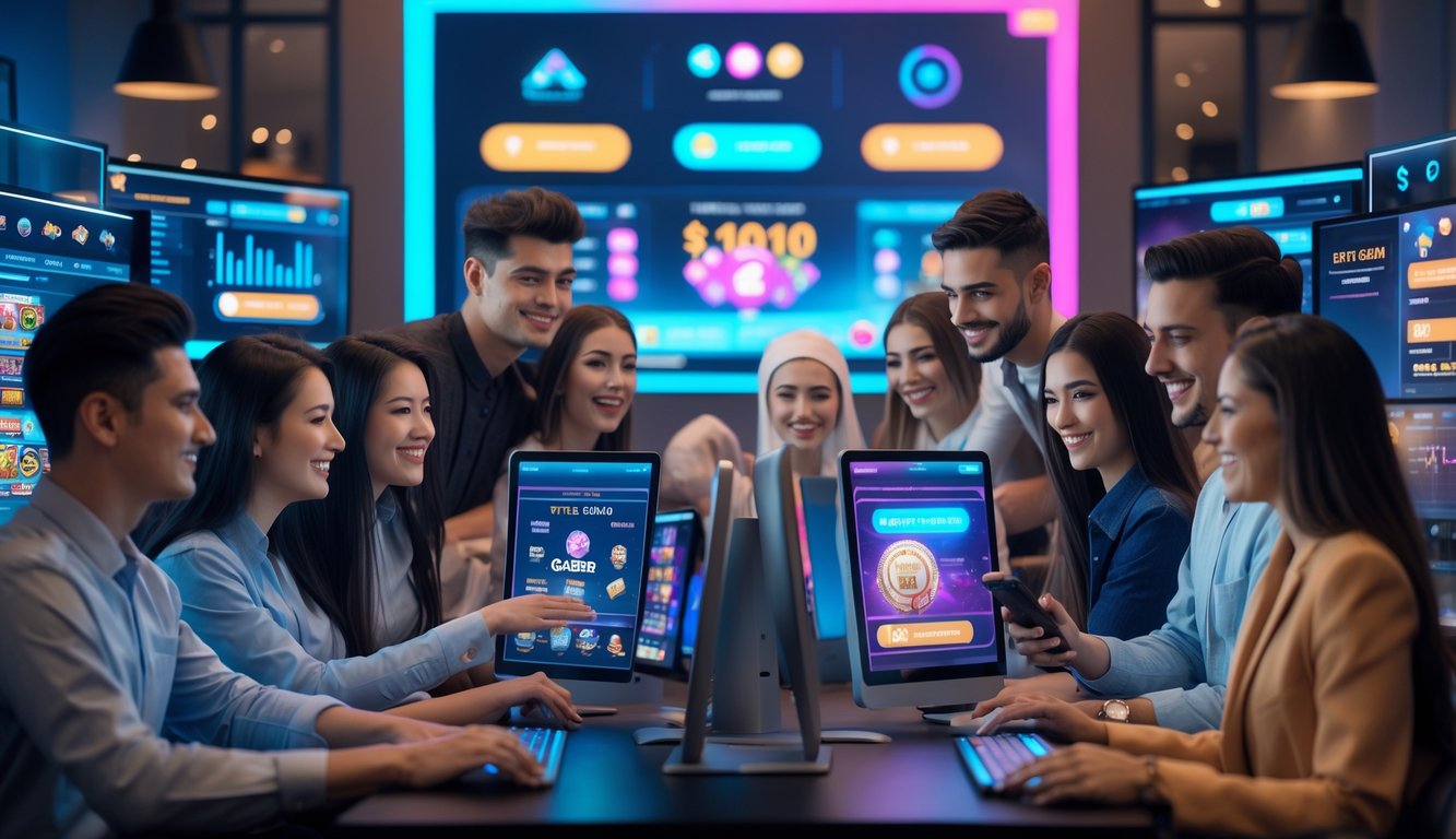 Sekelompok orang muda sedang menggunakan komputer dan ponsel untuk bermain permainan kasino online di sebuah ruangan modern yang terang dan nyaman.