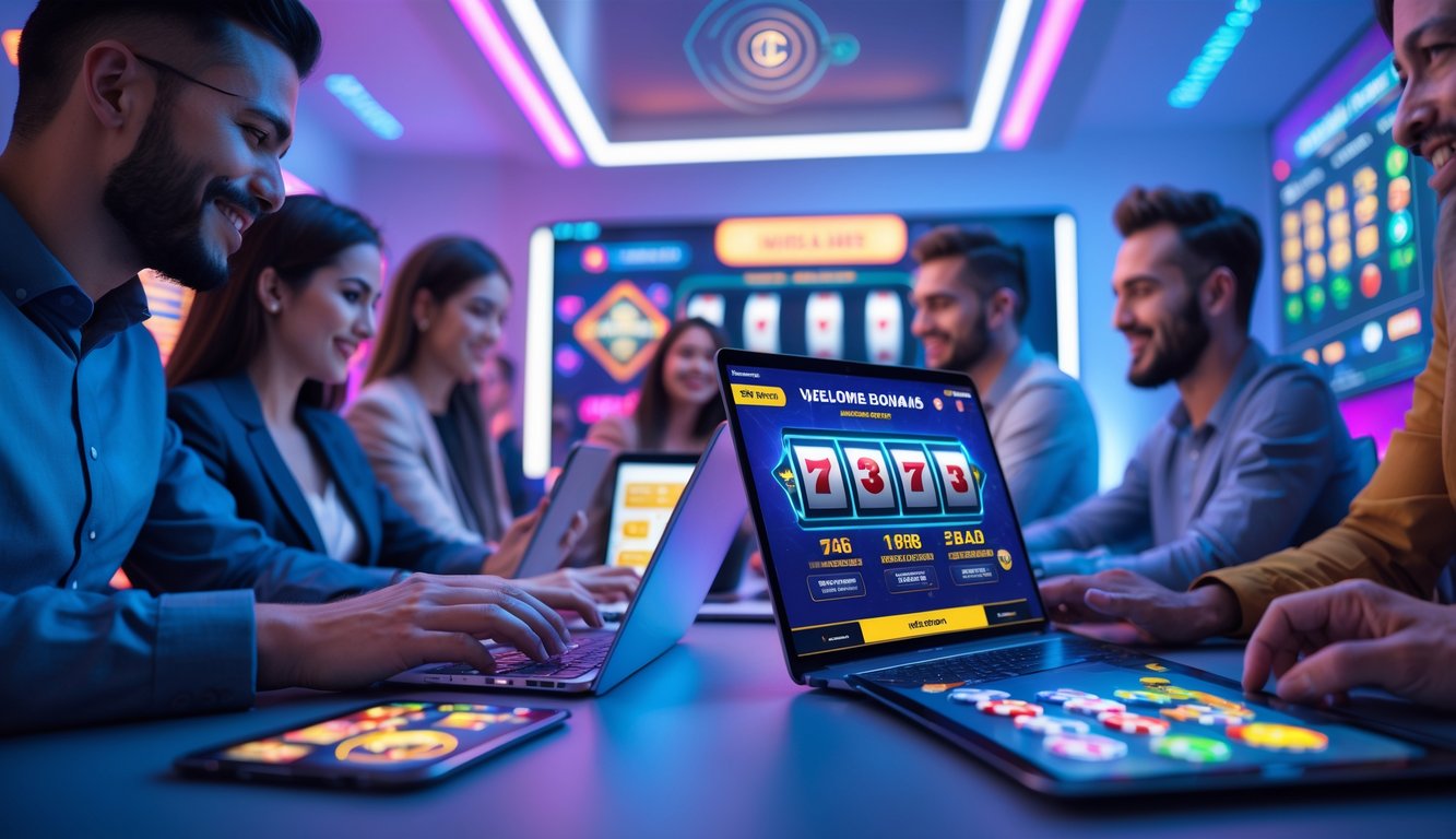 Beberapa orang menggunakan perangkat digital untuk bermain judi online di ruangan modern dengan pencahayaan futuristik.