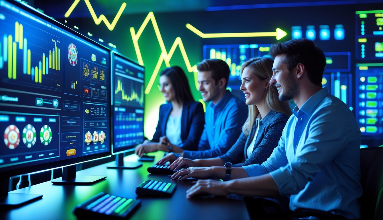 Beberapa orang muda sedang menggunakan komputer dengan tampilan permainan kasino online dan grafik di layar, menunjukkan suasana kerja digital yang modern dan dinamis.