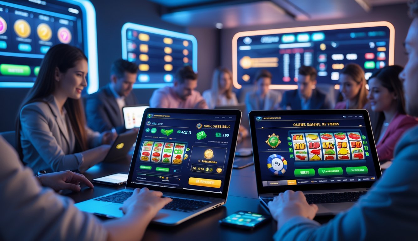 Beberapa orang menggunakan perangkat digital di ruangan modern dengan layar menampilkan permainan kasino dan statistik kemenangan tinggi.