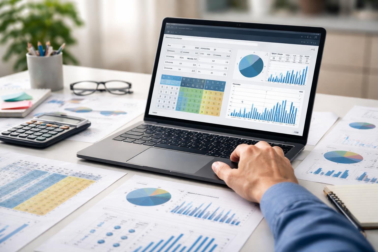 Meja kerja dengan laptop yang menampilkan kalkulator odds dan dokumen statistik, tangan seseorang sedang menggunakan laptop.