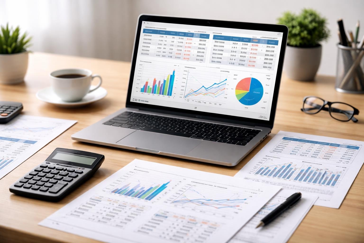 Meja kerja dengan laptop menampilkan data angka dan grafik, kalkulator, dan alat tulis untuk menghitung berbagai jenis format odds.
