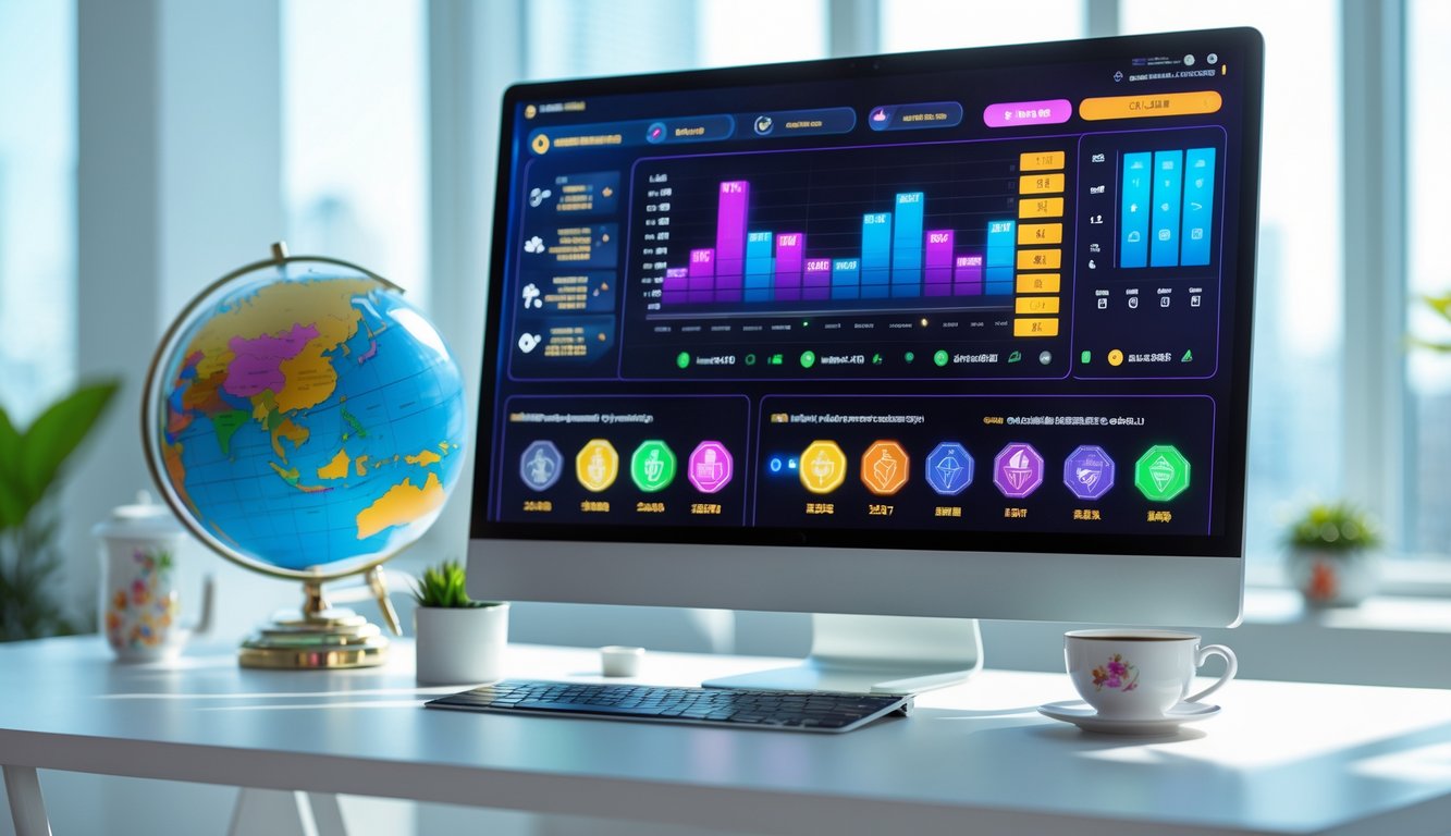 Antarmuka perjudian online modern di layar komputer di ruang kantor yang terang dan rapi dengan simbol keamanan dan jackpot.