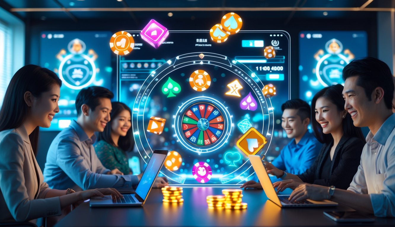 Orang-orang Asia menggunakan perangkat digital di lingkungan modern untuk bermain judi online dengan simbol keamanan dan jackpot besar di latar belakang.