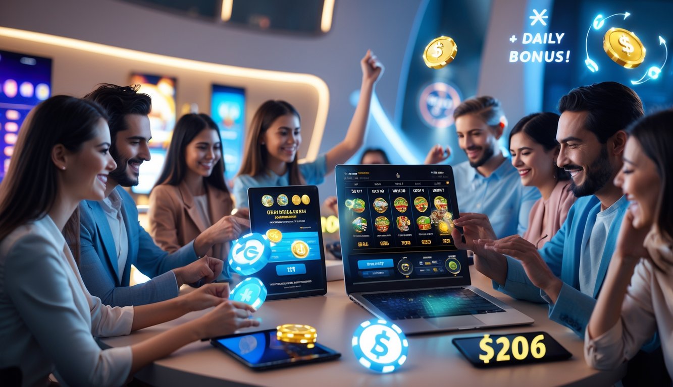 Orang-orang menggunakan perangkat digital untuk bermain judi online dengan suasana modern dan profesional.