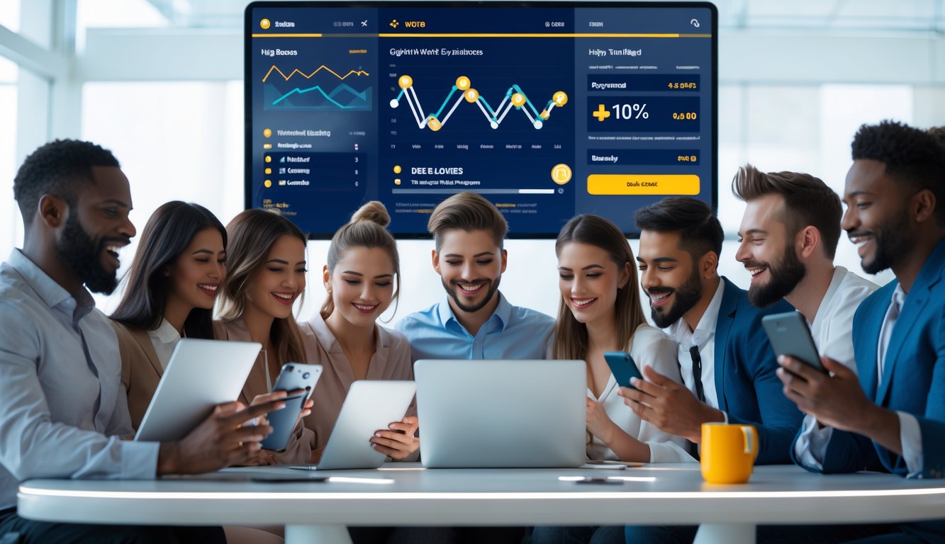 Orang-orang menggunakan perangkat digital dengan ekspresi senang di lingkungan judi online modern.